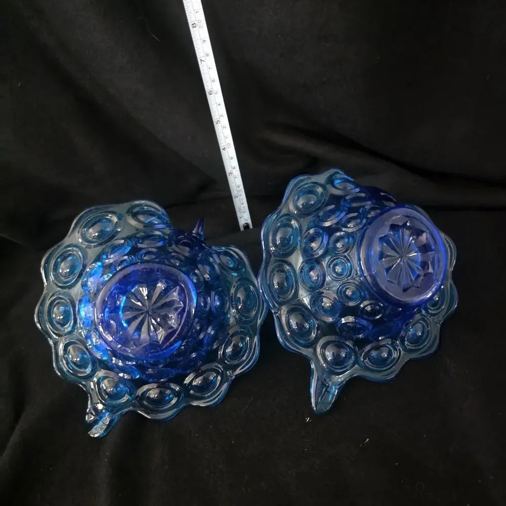 Vintage MCM Cobalt Blue Glass Swan Planters Coin Dot Pedestal Art Glass Pair
